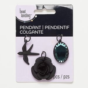 Focal / charm / drop, glass / steel / "pewter" (zinc-based alloy), black and blue, 26x19mm faceted oval / 28x27mm matte bird / 30x29mm matte rose. Sold per pkg of 3.