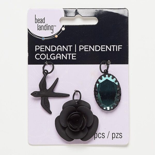 Focal / charm / drop, glass / steel / "pewter" (zinc-based alloy), black and blue, 26x19mm faceted oval / 28x27mm matte bird / 30x29mm matte rose. Sold per pkg of 3. image number 0