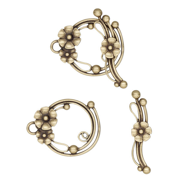 Clasp, JBB Findings, toggle, antiqued brass, 22x19mm round with flowers and balls. Sold individually. image number 0