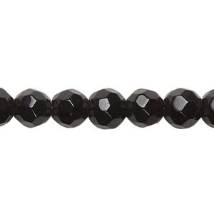 Bead, glass, opaque black, 8-9mm faceted round. Sold per 12-inch strand, approximately 40 beads.
