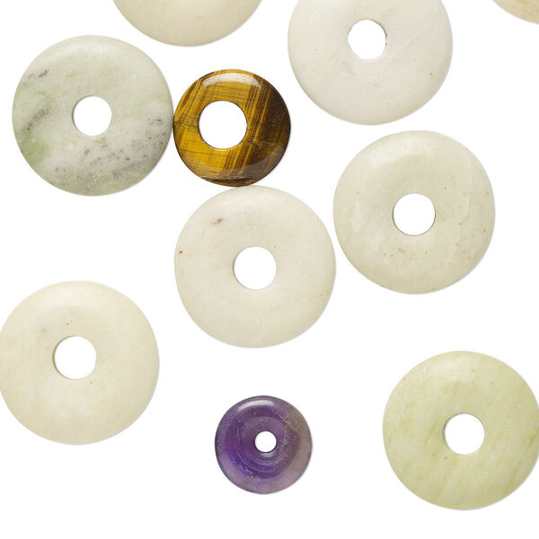 Component mix, multi-gemstone (natural / dyed / heated) and glass, mixed colors, 6-30mm mixed donut. Sold per pkg of 10. image number 0