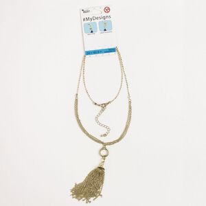 Necklace, steel and glass, pkg/24 inches, gold finish and clear, mixed chain, 4-inch chain tassel with lobster claw clasp and extender chain.