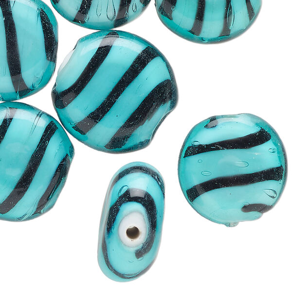Bead, lampworked glass, opaque blue / white / black with stripe design, 17mm round. Sold per pkg of 20. image number 0
