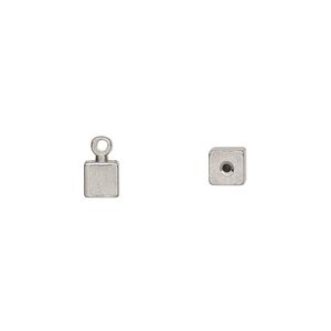 Bead end, glue-on, stainless steel, 4mm half-drilled cube with loop, for use with memory wire. Sold per pkg of 4.