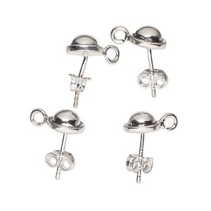 Earstud 1pkg4 sterling silver, 8mm half ball / open loop, antiqued 2 pair