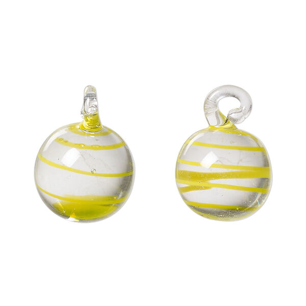 Drop, lampworked glass, yellow and clear, swirl, 14mm round. Sold per pkg of 2. image number 0