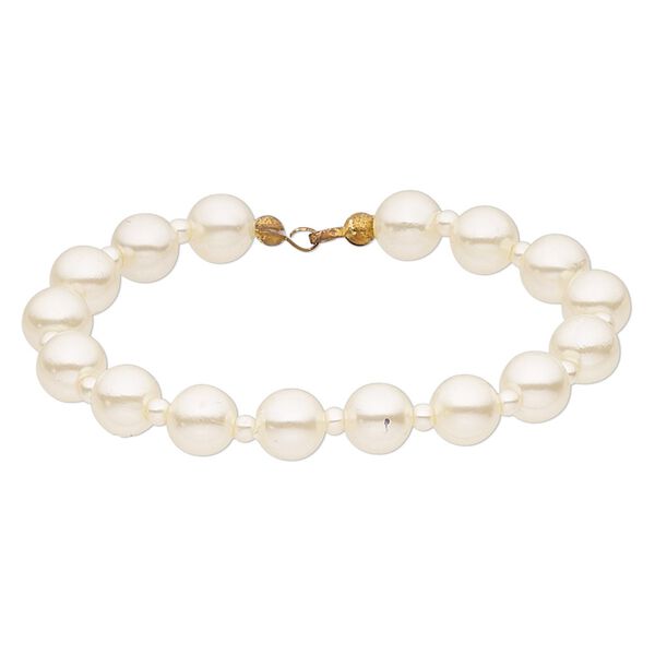 Bracelet component, vintage acrylic pearl and gold-finished "pewter" (zinc-based alloy), ivory, 3mm and 8mm round, 6 inches. Sold individually. image number 0
