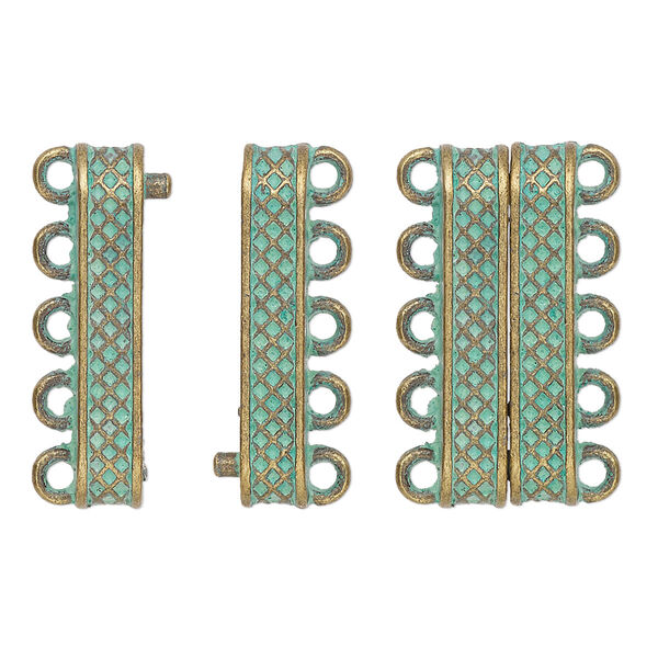 Clasp, 5-strand magnetic, antique brass-plated "pewter" (zinc-based alloy), green patina, 24.5 x 9mm rectangle with textured design. Sold individually. image number 0
