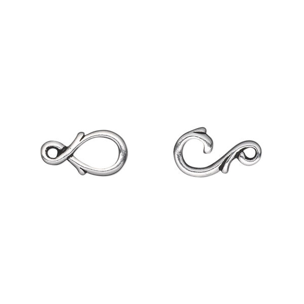 Clasp, TierraCast®, hook-and-eye, antique silver-plated pewter (tin-based alloy), 16x7mm with fancy vine design. Sold per pkg of 10. image number 0