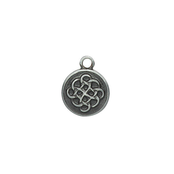 Drop, enamel and "pewter" (zinc-based alloy), black, 12mm double-sided round with Celtic knot design. Sold individually. image number 0
