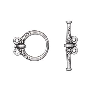 Clasp toggle 1pkg10 silver-plated pewter (tin alloy), 15.5mm fancy round, antique TierraCast® 2-strand