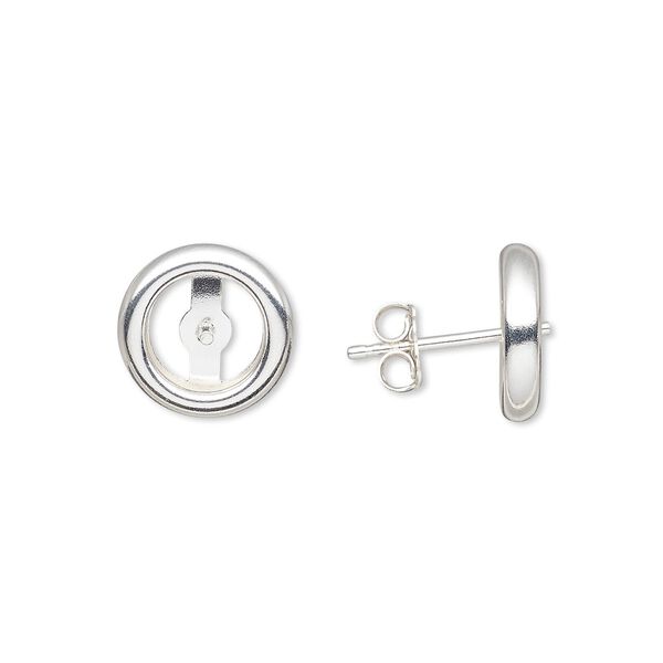Earstud 1pkg2 Almost Instant Jewelry sterling silver, 12mm round / 0.8mm peg / 7-8mm round glue in setting / earnuts, 1 pair image number 0