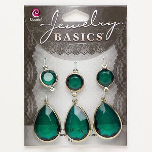 Drop / link assortment copper / acrylic 1pkg6 mixed size double-sided faceted round / teardrop, gold finish / green