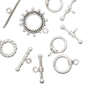 Clasp mix toggle 1pkg1 sterling silver, round, antiqued 1-strand