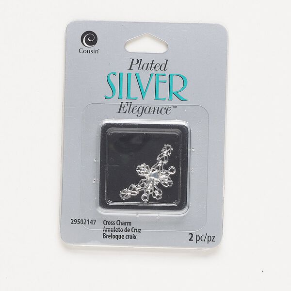 Drop, silver-plated copper, 23x16.5mm single-sided fancy cross with cutout heart design. Sold per pkg of 2. image number 0