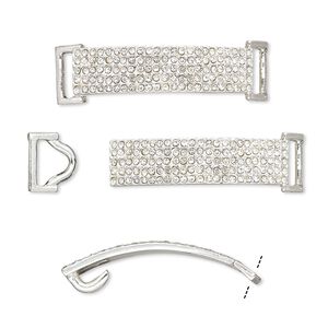 Clasp, hook-and-eye, glass rhinestone and silver-finished "pewter" (zinc-based alloy), clear, 49x13mm single-sided curved rectangle, 10x3.5mm inside diameter. Sold per 2-piece set.