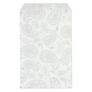 Bag, paper, white and silver, 6x4 inch rectangle with paisley-print and scalloped top edge. Sold per pkg of 100.
