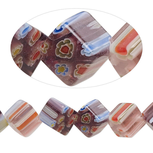 Bead, millefiori glass, translucent plum and multicolored, 8mm diagonally-drilled cube. Sold per 15-inch strand, approximately 40 beads. image number 0