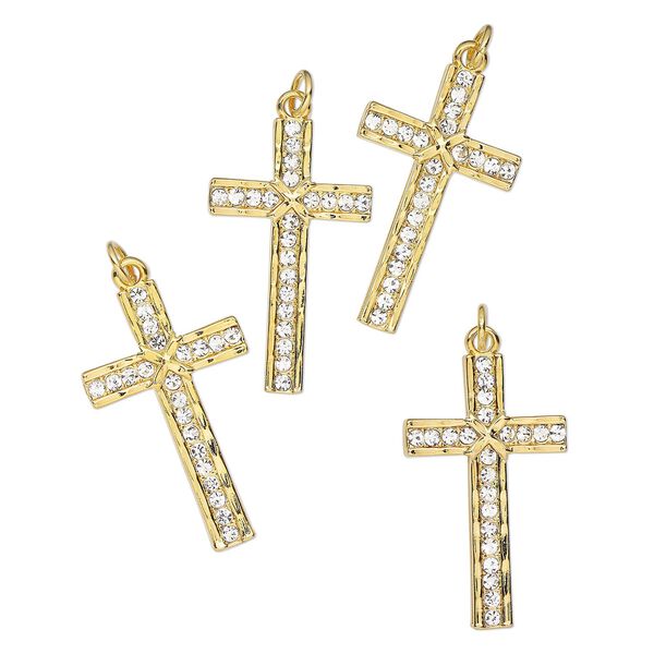 Focal, gold-finished steel and glass, clear, 37x20mm cross. Sold per pkg of 4. image number 0
