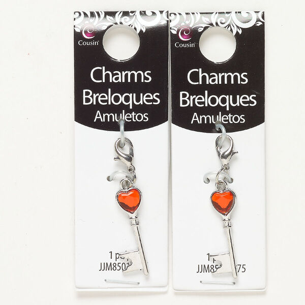Charm "pewter" zinc-based alloy acrylic 2pk 24x9mm heart key lobster claw clasp, silver finish red image number 0