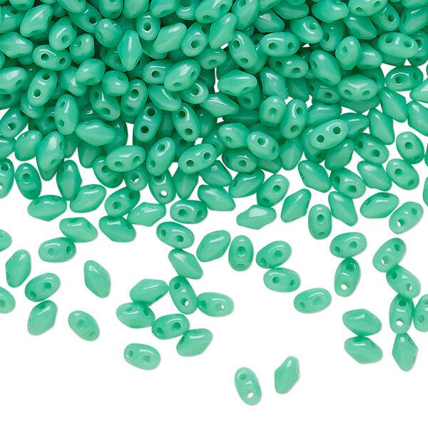Bead, Preciosa Mini Twin™, Mini Pressed Twin, Czech pressed glass, opaque turquoise green, 4x2.5mm oval with (2) 0.7mm holes. Sold per 10-gram pkg. image number 0