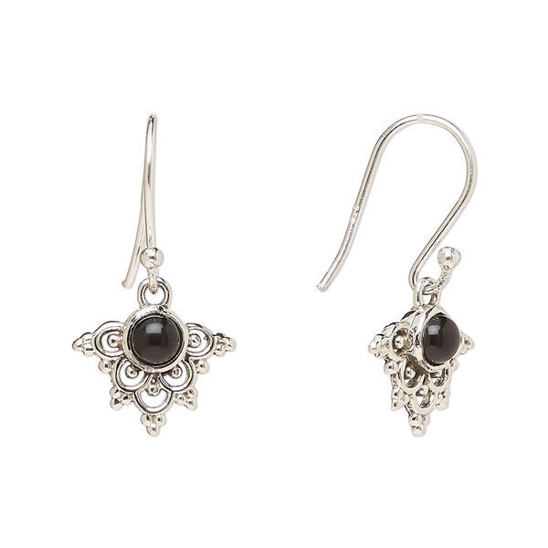 Ear wire, Create Compliments®, antiqued sterling silver and black onyx (dyed), fishhook, 24.5mm with 13x11mm single-sided beaded fancy arrowhead, 21 gauge. Sold per pair. image number 0