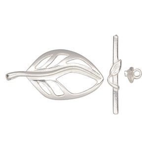 Clasp toggle 1pkg1 sterling silver, 38x18mm leaf, JBB Findings 1-strand