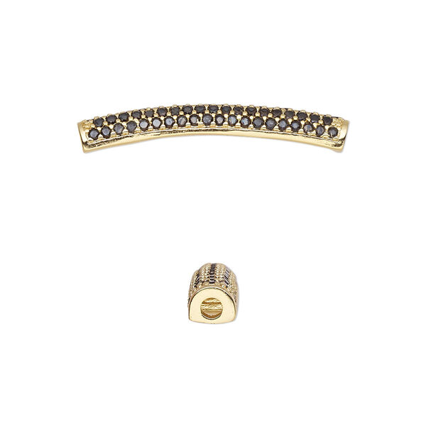 Bead, cubic zirconia and gold-finished brass, black, 28x4mm curved tube. Sold individually. image number 0