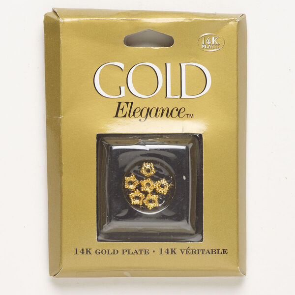Bead cap, copper, pkg/6, gold plate, 6x3mm round beaded star, fits 4-6mm beads. image number 0