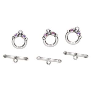 Clasp, toggle, "pewter" (zinc-based alloy) and crystal, pkg/3, 15mm round, antique silver finish and clear AB.