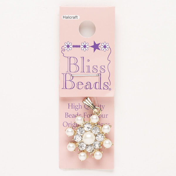 Pendant, "pewter" (zinc-based alloy)/glass/acrylic pearl, pkg/1, gold finish/clear/white, 23mm snowflake. image number 0