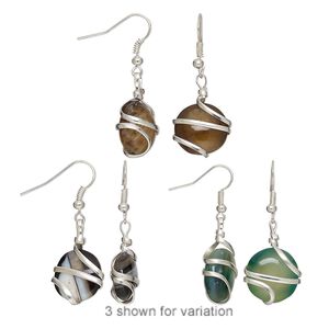 Agate / copper 1pkg2, silver-plated hand-cut tumbled nugget fishhook earring 22 gauge 38-42mm overall