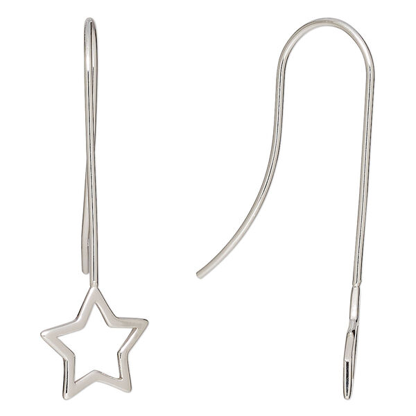 Ear wire, sterling silver, 40mm fishhook with star perpendicular loop, 20 gauge. Sold per pair. image number 0