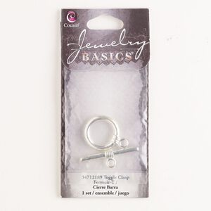 Clasp toggle 1pkg1, 19mm round, silver-finished brass 1-strand
