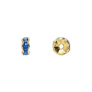Bead, glass rhinestone and gold-finished brass, sapphire blue, 7x3mm rondelle. Sold per pkg of 10.
