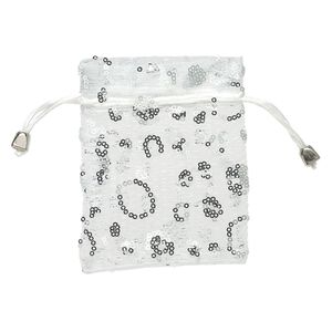 Pouch, polyester/satin/plastic, silver, 4-3/4 x 3-3/4 inches with sequins. Sold per pkg of 3.