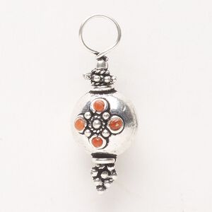 Drop, antique silver-finished "pewter" (zinc-based alloy) and carnelian (dyed / heated), 28x14mm-29x14mm. Sold individually.