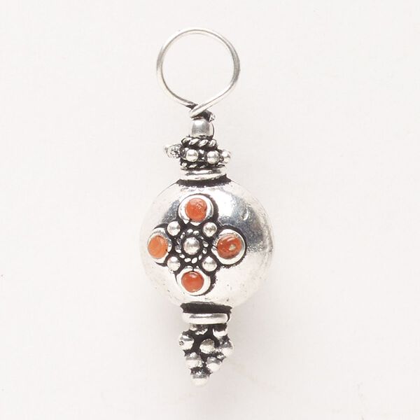 Drop, antique silver-finished "pewter" (zinc-based alloy) and carnelian (dyed / heated), 28x14mm-29x14mm. Sold individually. image number 0