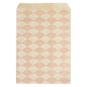 Bag, paper, brown, white and pink, 7x5 inch rectangle with fan-print and scalloped top edge. Sold per pkg of 100.
