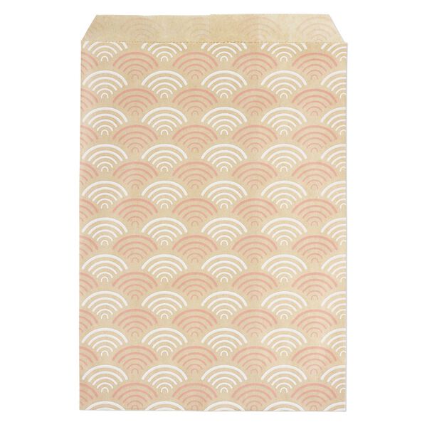 Bag, paper, brown, white and pink, 7x5 inch rectangle with fan-print and scalloped top edge. Sold per pkg of 100. image number 0