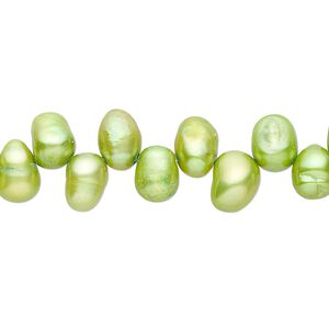 Pearl, cultured freshwater (dyed), yellow-green, 6x5mm-8x6mm top-drilled rice, D grade, Mohs hardness 2-1/2 to 4. Sold per 15-inch strand.