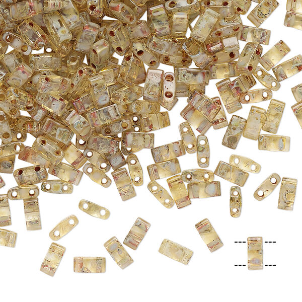 Seed bead, TILA®, glass, pkg/40g, 5x2.3mm half tila rectangle, translucent Picasso light amber, (HTL-4501). image number 0