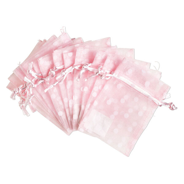 Pouch, flocked organza, pink and white, 4x3 inches with dots pattern and drawstring closure. Sold per pkg of 12. image number 0