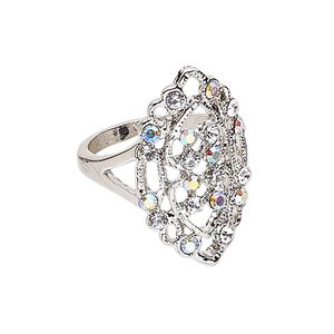 Ring, Czech glass rhinestone and imitation rhodium-plated "pewter" (zinc-based alloy), clear and clear AB, 28x17mm marquise, size 9. Sold individually.