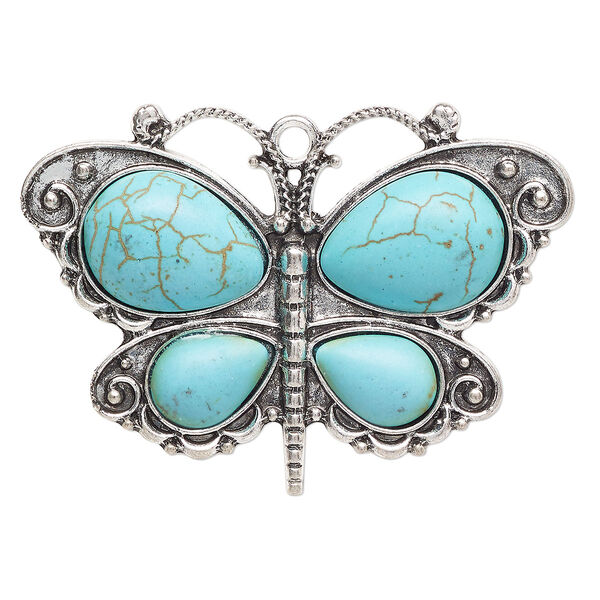 Focal, antique silver-finished "pewter" (zinc-based alloy) and "turquoise" (resin) (imitation), turquoise blue, 60x42mm single-sided butterfly. Sold individually. image number 0