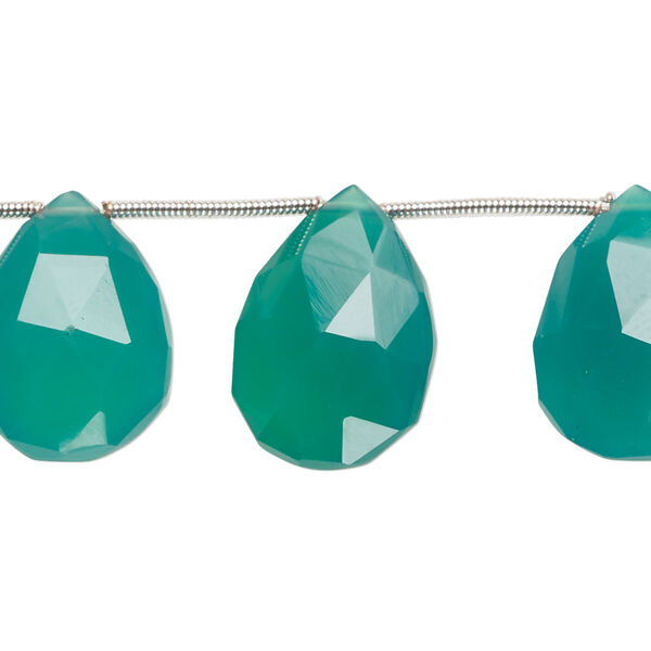 Bead, green onyx (dyed), 16x12mm-21x16mm top-drilled hand-cut faceted puffed teardrop, B- grade, Mohs hardness 6-1/2 to 7. Sold per pkg of 10. image number 0