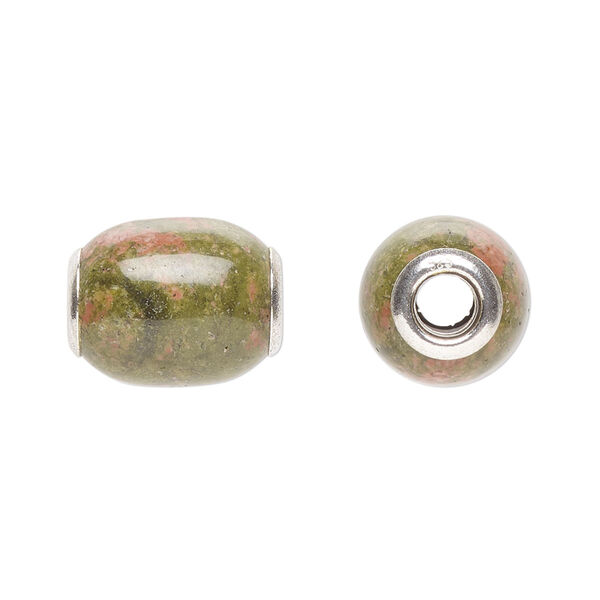 Bead, Dione®, unakite (natural) and sterling silver grommets, 14x11mm-16x12mm oval with 4mm hole, B grade, Mohs hardness 6 to 7. Sold individually. image number 0