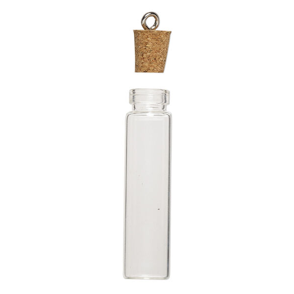 Component, glass / cork / nickel-finished steel, clear, 45x11mm bottle with stopper and screw eye. Sold per pkg of 10. image number 2