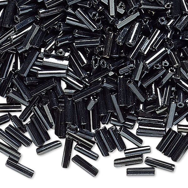 Bugle bead, vintage Czech glass, opaque luster black, #3 hexagon. Sold per 1/4 pound pkg. image number 0