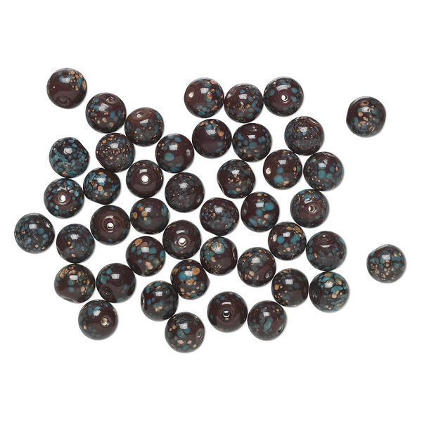 Bead, glass, opaque turquoise blue and brown with copper-colored glitter,12mm round. Sold per pkg of 50. image number 0